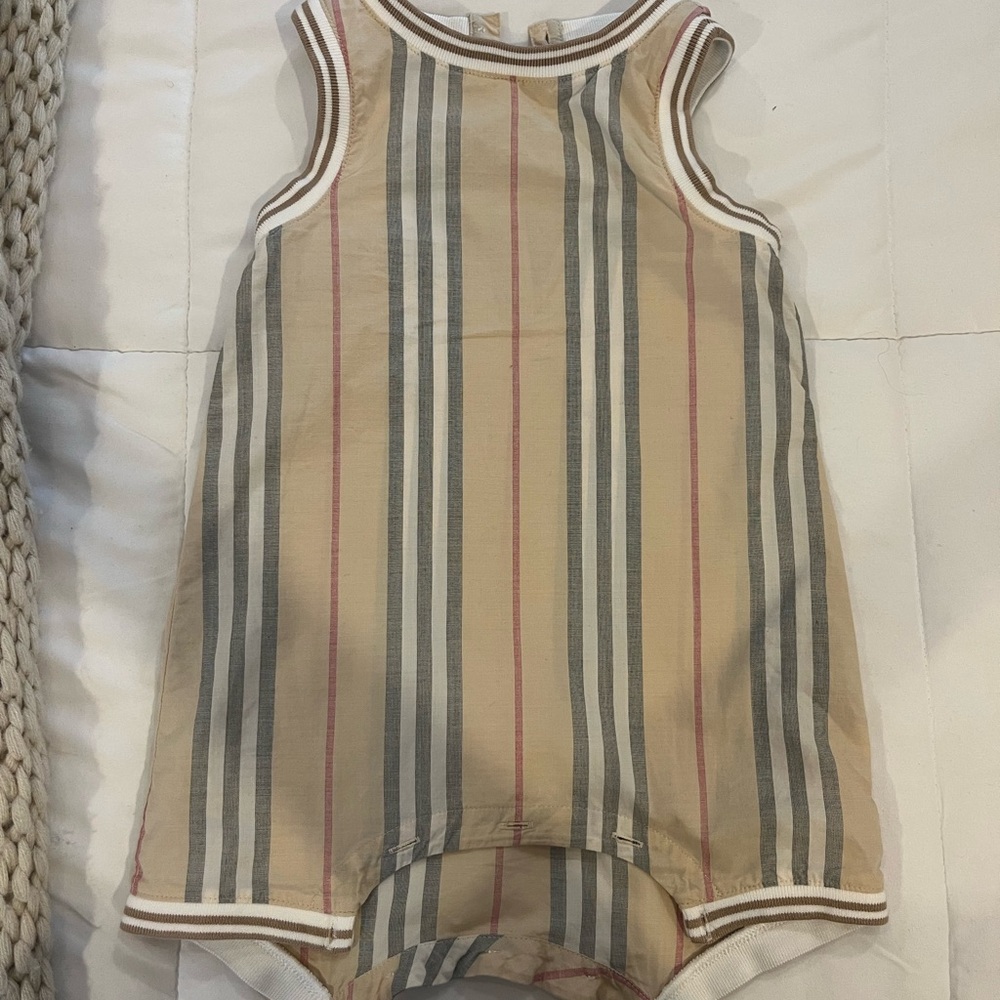 Burberry Tan and Gray Striped Baby Romper